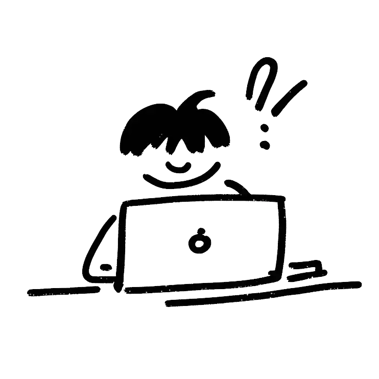 Black and white line drawing of a person smiling while seated at a desk with a laptop, showing surprise with exclamation marks above their head.
