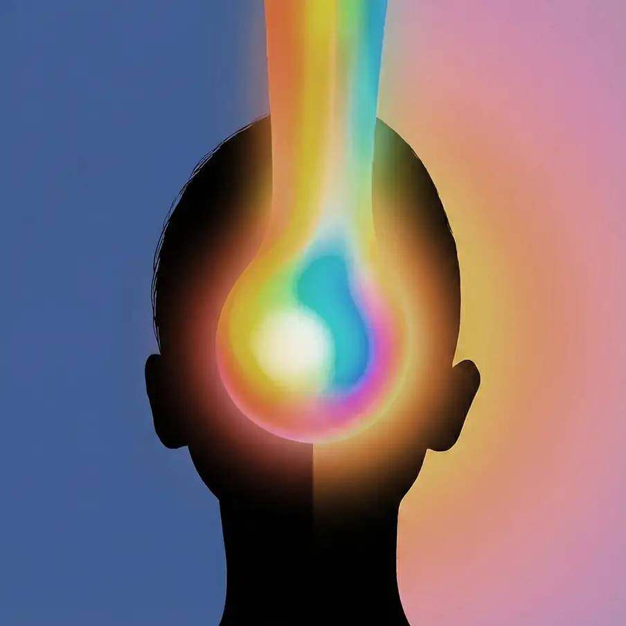 Silhouette of a human head with a colorful, glowing abstract shape flowing into the forehead area.