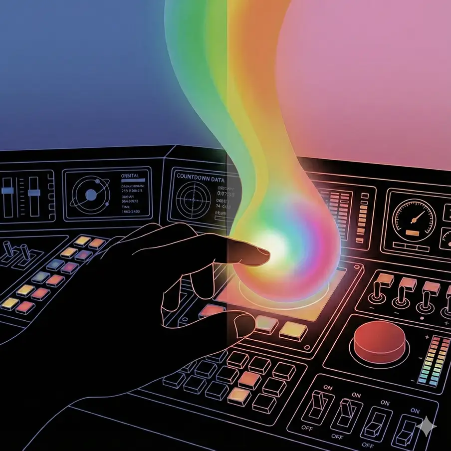 Illustration of a hand pressing a glowing button on a futuristic control panel emitting rainbow light beams.