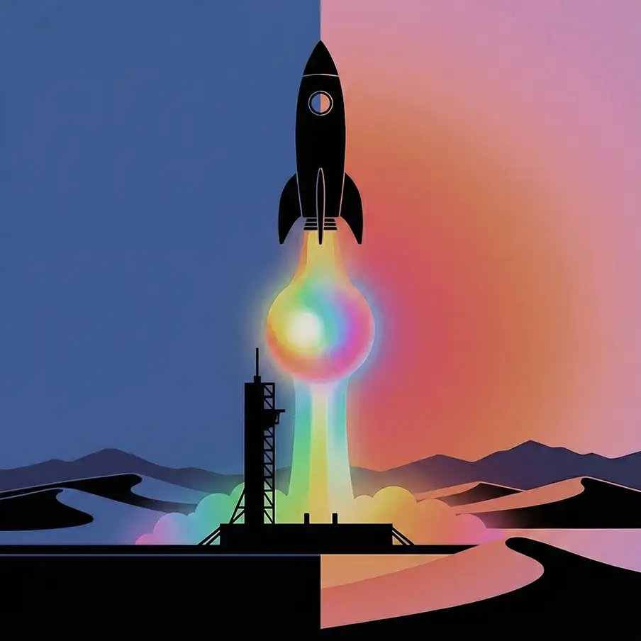 Silhouetted rocket launching with colorful rainbow exhaust against a split blue and pink sky over a mountainous landscape.