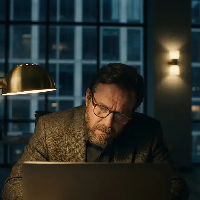 Man wearing glasses and a brown jacket working intently on a laptop in a dimly lit office at night.