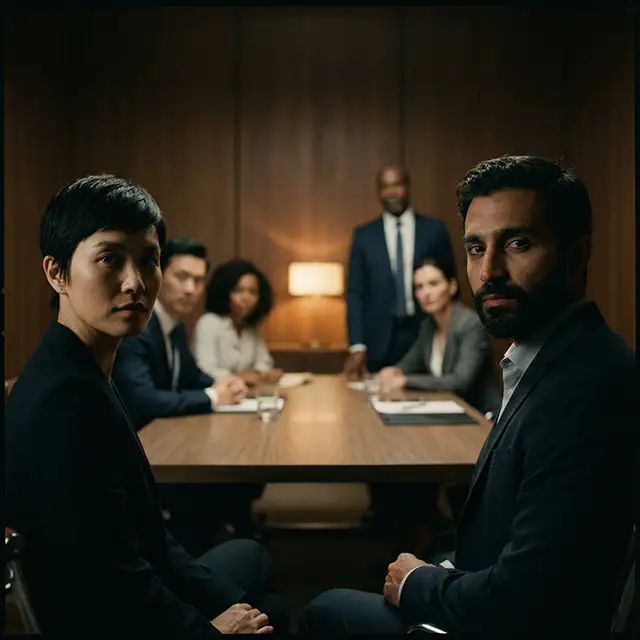 Six diverse business professionals seated around a conference table in a dimly lit meeting room, looking toward the camera.