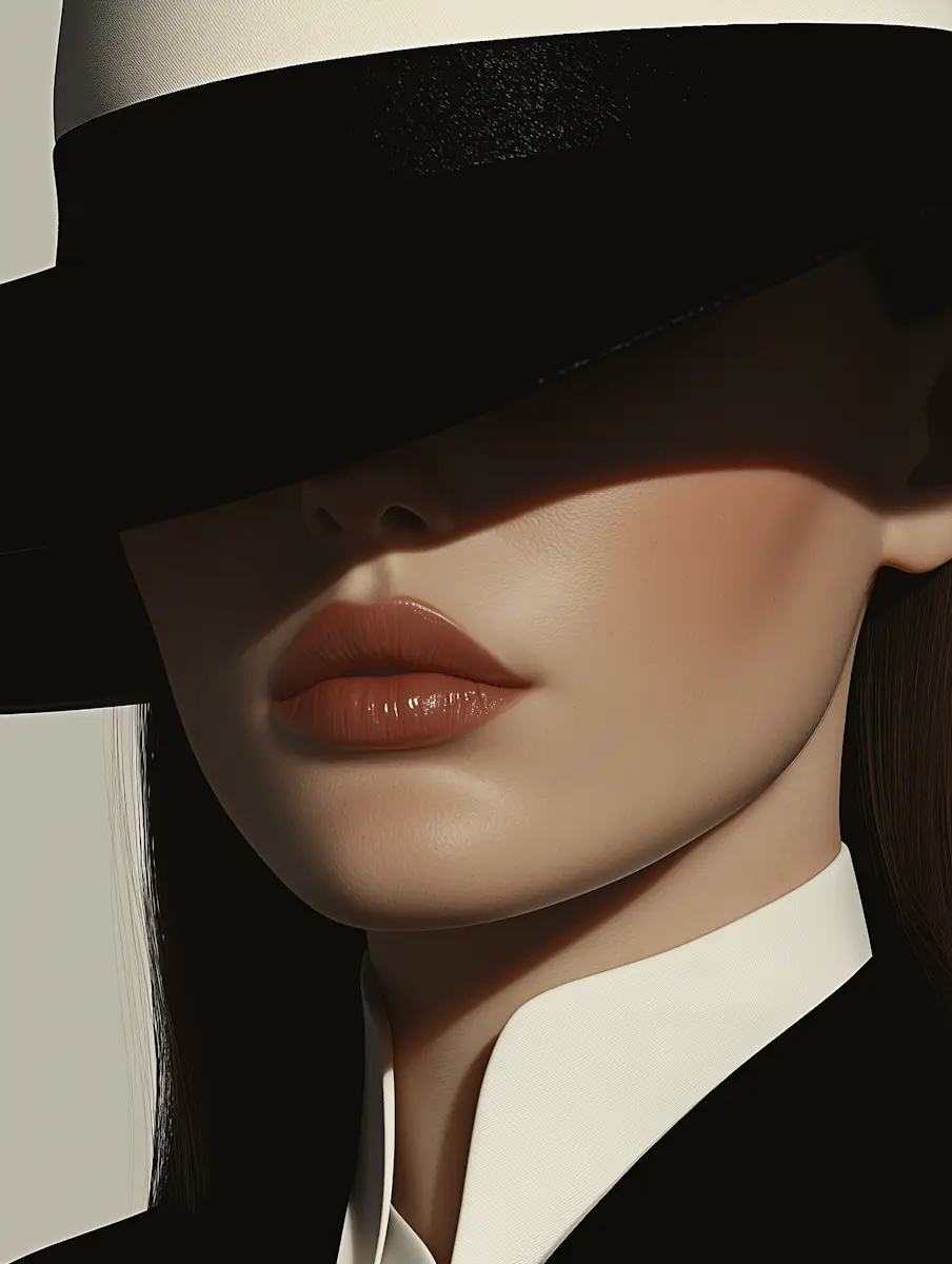 Close-up of a woman\x27s face with lipstick, partially obscured by the brim of a black wide-brimmed hat.