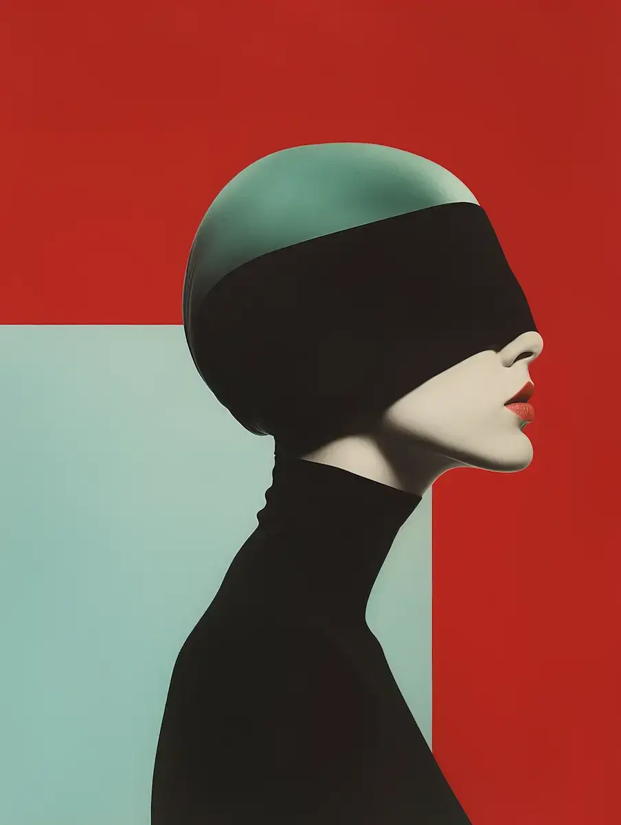 Profile of a person wearing a black blindfold and black turtleneck against a split red and light blue background.