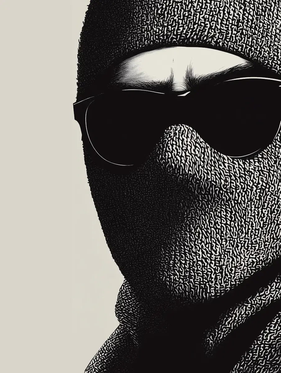 Close-up of a person wearing a black knit balaclava and dark sunglasses.